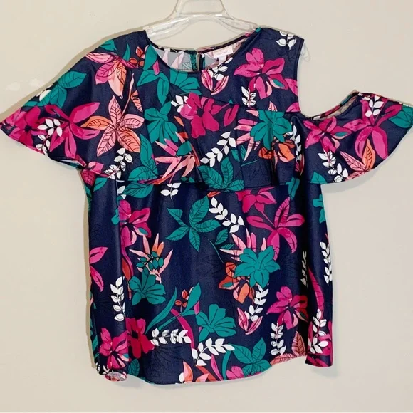 Isabel Maternity (XL) Pink Navy Teal Floral Top with Cold Shoulder and ruffles - Picture 3 of 9